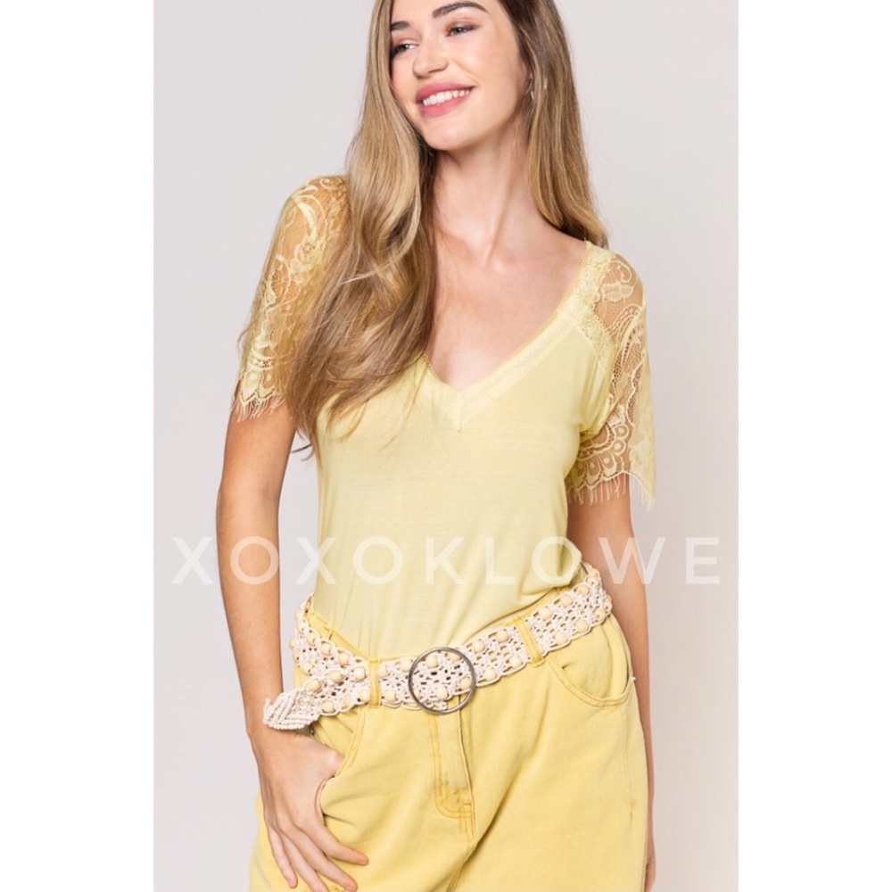 POL Light Yellow V Neck Lace Sleeve Rayon Jersey Tee